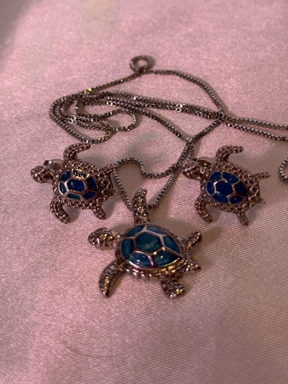 Sea Turtle Necklace & Matching Post Earrings Blue Enamel Shells Beachy Hawaiian